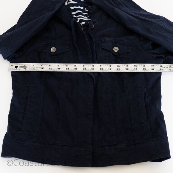Splendid Navy Hooded Denim Jacket Striped zip-up M, Casual Coastal Preppy - Picture 7 of 9